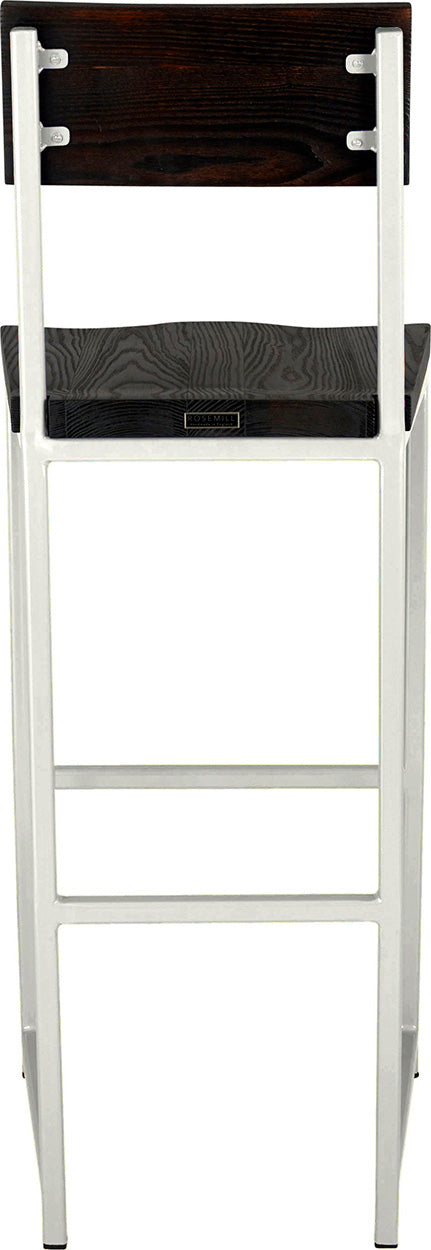Gloss white metal stool with back with black stain ash wood made in UK - back view square frame