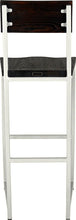 Load image into Gallery viewer, Gloss white metal stool with back with black stain ash wood made in UK - back view square frame
