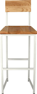 Gloss white metal stool with back with natural stain ash wood made in UK - front view square frame