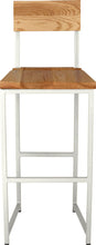Load image into Gallery viewer, Gloss white metal stool with back with natural stain ash wood made in UK - front view square frame
