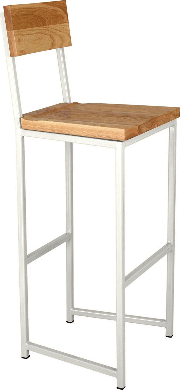Gloss white metal stool with back with natural stain ash wood made in UK - angle view square frame