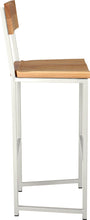 Load image into Gallery viewer, Gloss white metal stool with back with natural stain ash wood made in UK - side view square frame

