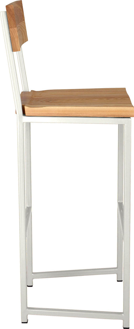 Gloss white metal stool with back with natural stain ash wood made in UK - side view square frame