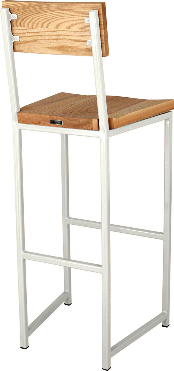 Gloss white metal stool with back with natural stain ash wood made in UK - back side view square frame