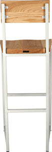 Gloss white metal stool with back with natural stain ash wood made in UK - back view square frame
