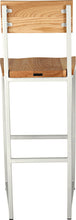 Load image into Gallery viewer, Gloss white metal stool with back with natural stain ash wood made in UK - back view square frame
