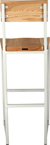 Gloss white metal stool with back with natural stain ash wood made in UK - back view square frame