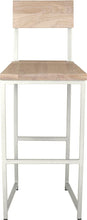 Load image into Gallery viewer, Gloss white metal stool with back with whitewash stain ash wood made in UK - front view square frame
