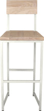 Load image into Gallery viewer, Gloss white metal stool with back with whitewash stain ash wood made in UK - front view square frame
