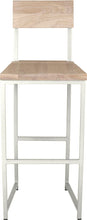 Load image into Gallery viewer, Gloss white metal stool with back with whitewash stain ash wood made in UK - front view square frame
