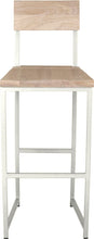 Load image into Gallery viewer, Gloss white metal stool with back with whitewash stain ash wood made in UK - front view square frame
