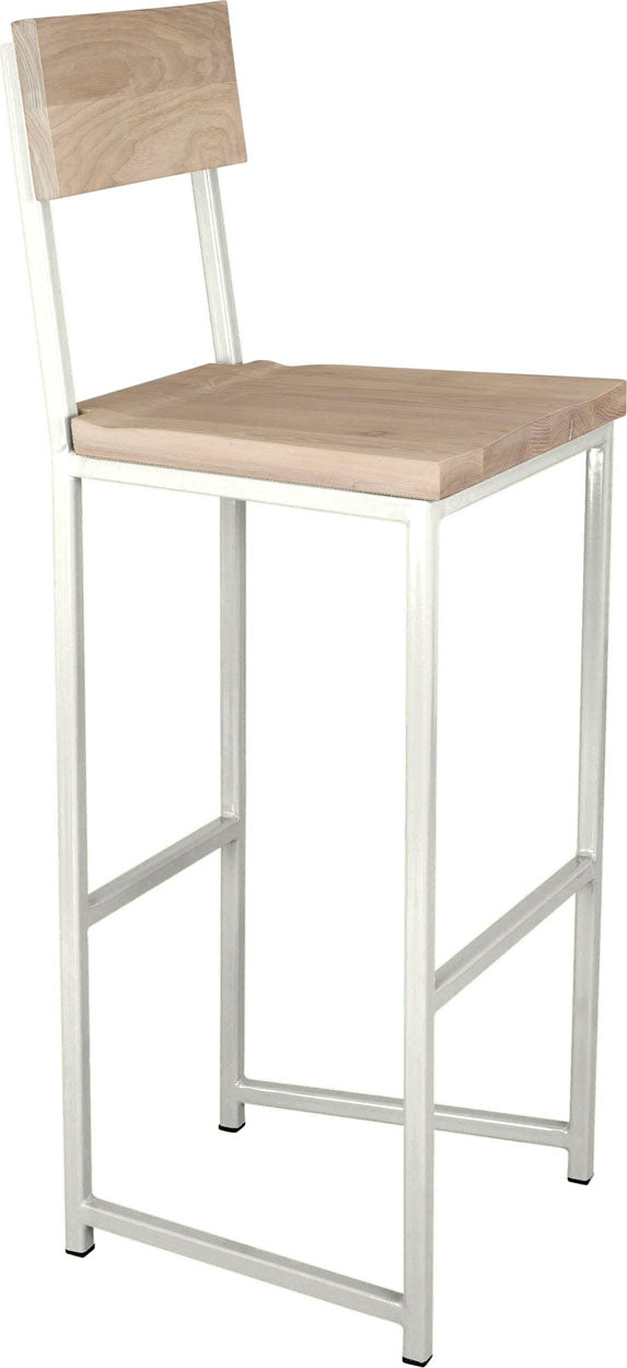 Gloss white metal stool with back with whitewash stain ash wood made in UK - angle view square frame