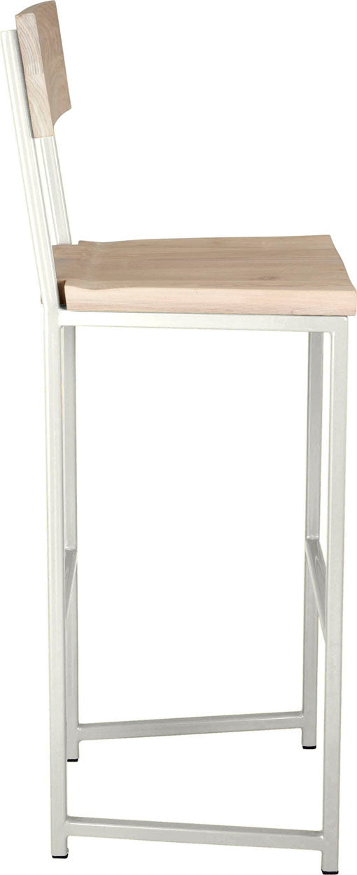 Gloss white metal stool with back with whitewash stain ash wood made in UK - side view square frame