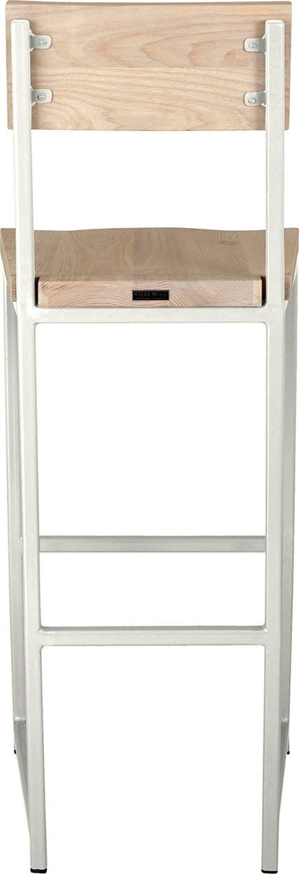 Gloss white metal stool with back with whitewash stain ash wood made in UK - back view square frame