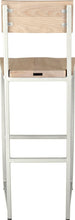 Load image into Gallery viewer, Gloss white metal stool with back with whitewash stain ash wood made in UK - back view square frame
