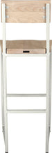 Load image into Gallery viewer, Gloss white metal stool with back with whitewash stain ash wood made in UK - back view square frame
