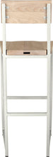 Load image into Gallery viewer, Gloss white metal stool with back with whitewash stain ash wood made in UK - back view square frame
