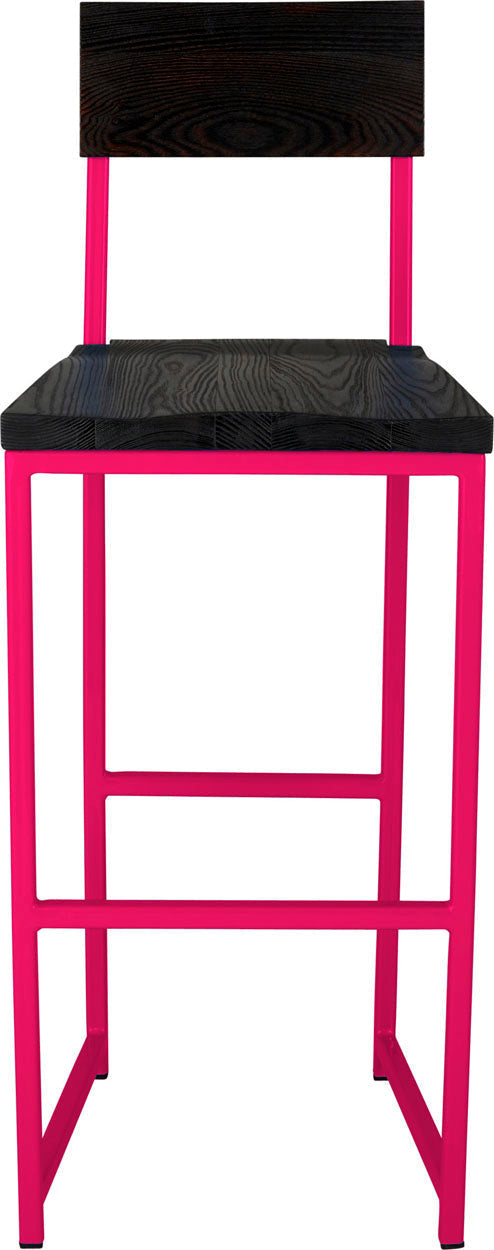 Hot pink metal stool with back with black stain ash wood made in UK - front view square frame
