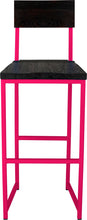 Load image into Gallery viewer, Hot pink metal stool with back with black stain ash wood made in UK - front view square frame
