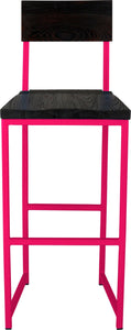 Hot pink metal stool with back with black stain ash wood made in UK - front view square frame