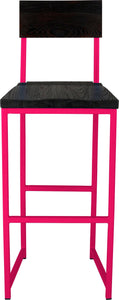 Hot pink metal stool with back with black stain ash wood made in UK - front view square frame