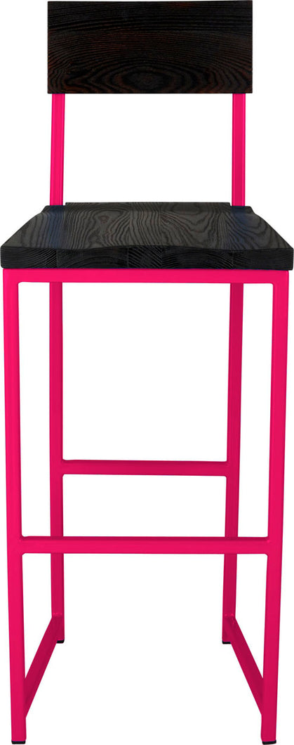 Hot pink metal stool with back with black stain ash wood made in UK - front view square frame