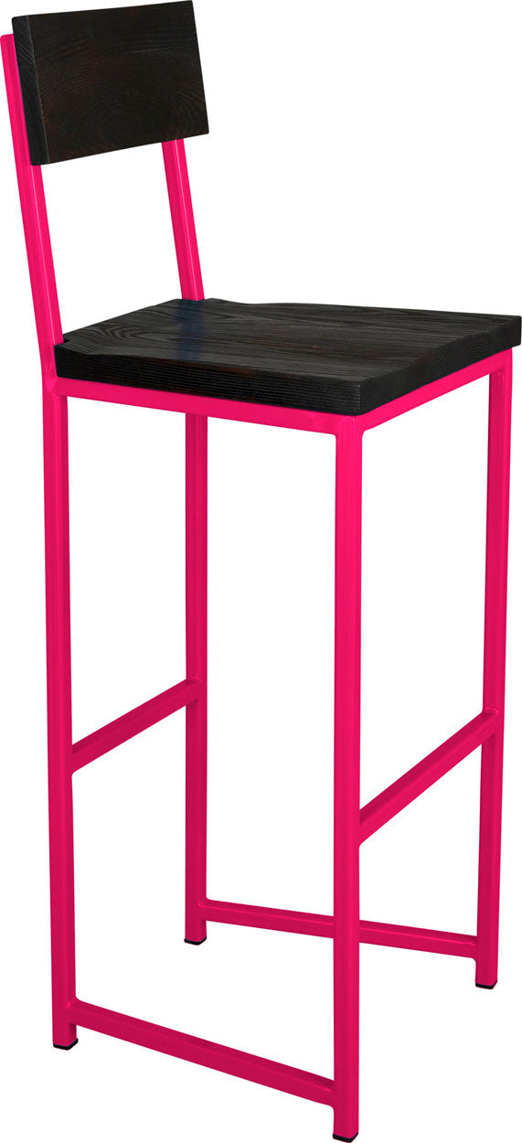 Hot pink metal stool with back with black stain ash wood made in UK - angle view square frame