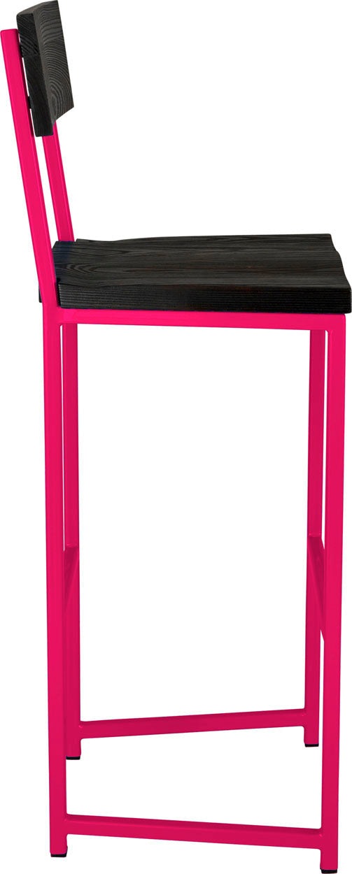Hot pink metal stool with back with black stain ash wood made in UK - side view square frame