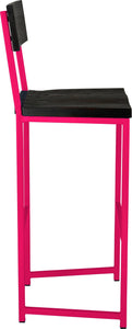 Hot pink metal stool with back with black stain ash wood made in UK - side view square frame