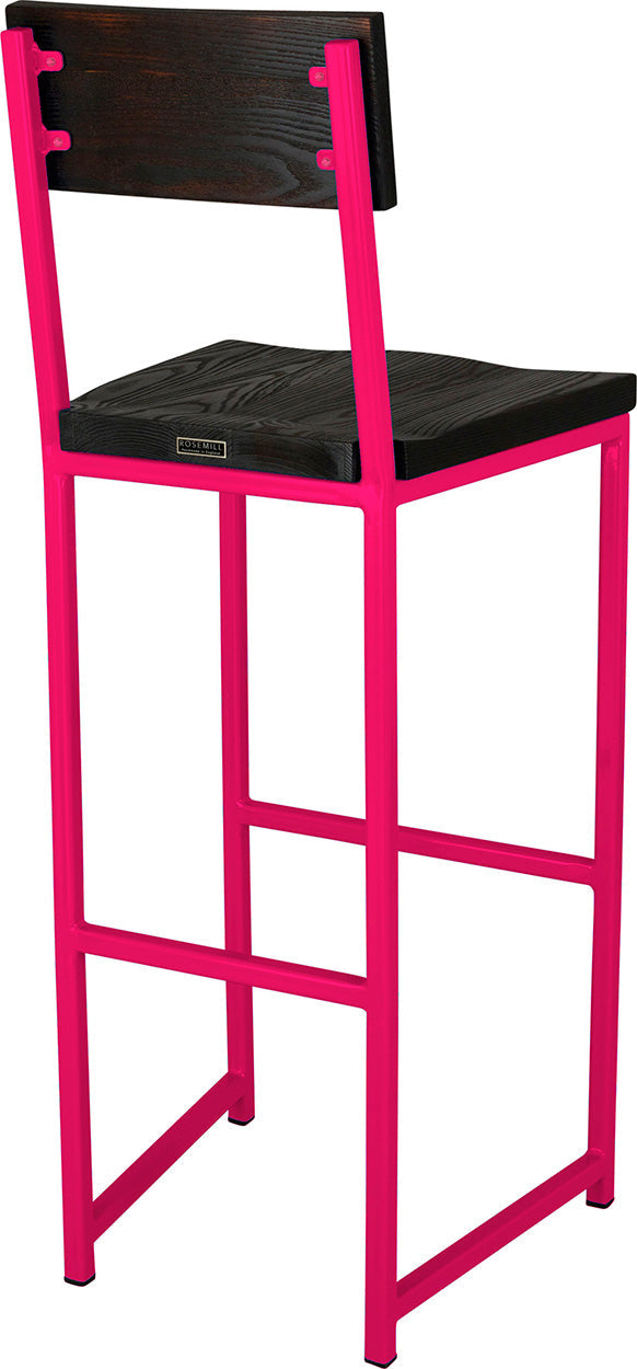 Hot pink metal stool with back with black stain ash wood made in UK - back side view square frame