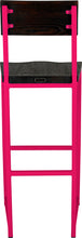 Load image into Gallery viewer, Hot pink metal stool with back with black stain ash wood made in UK - back view square frame
