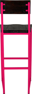 Hot pink metal stool with back with black stain ash wood made in UK - back view square frame