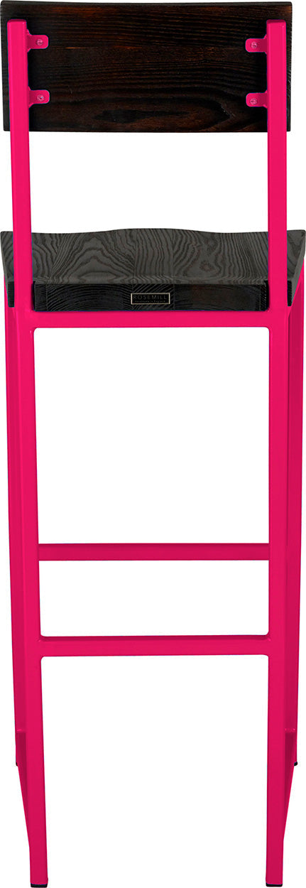 Hot pink metal stool with back with black stain ash wood made in UK - back view square frame