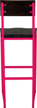 Load image into Gallery viewer, Hot pink metal stool with back with black stain ash wood made in UK - back view square frame
