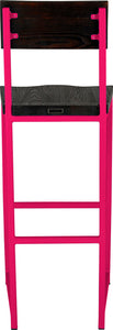 Hot pink metal stool with back with black stain ash wood made in UK - back view square frame