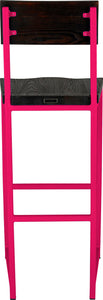 Hot pink metal stool with back with black stain ash wood made in UK - back view square frame