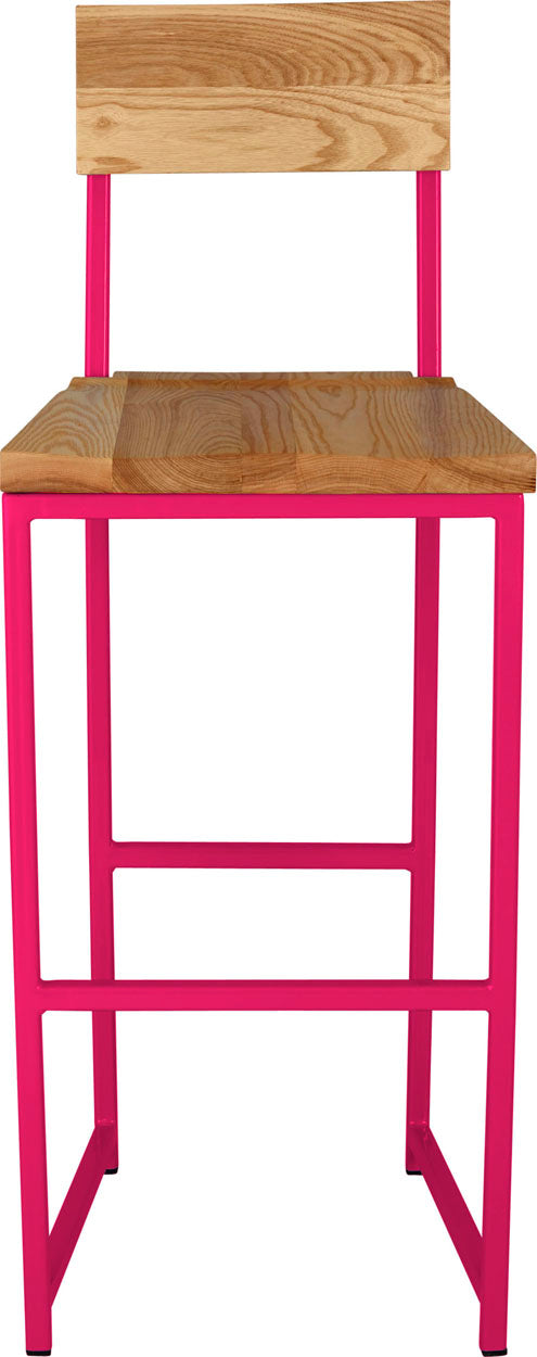 Hot pink metal stool with back with natural stain ash wood made in UK - front view square frame
