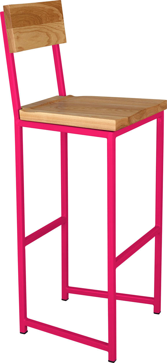 Hot pink metal stool with back with natural stain ash wood made in UK - angle view square frame