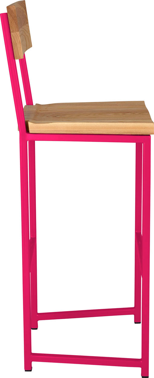 Hot pink metal stool with back with natural stain ash wood made in UK - side view square frame