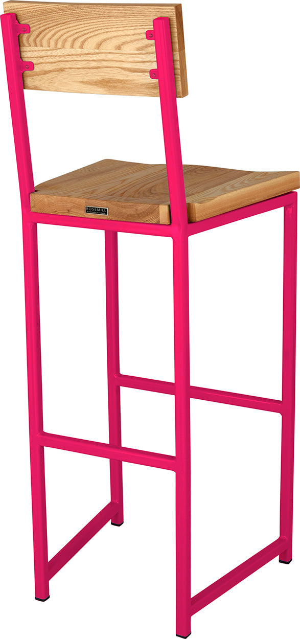 Hot pink metal stool with back with natural stain ash wood made in UK - back side view square frame