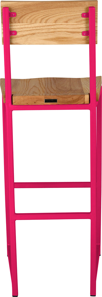Hot pink metal stool with back with natural stain ash wood made in UK - back view square frame
