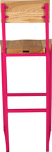 Load image into Gallery viewer, Hot pink metal stool with back with natural stain ash wood made in UK - back view square frame
