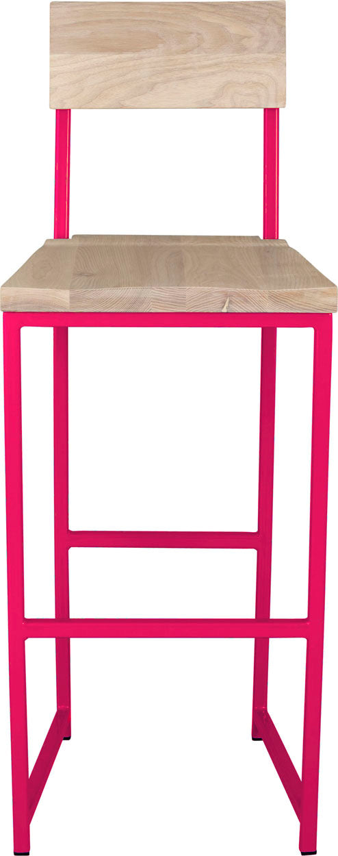 Hot pink metal stool with back with whitewash stain ash wood made in UK - front view square frame