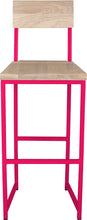 Load image into Gallery viewer, Hot pink metal stool with back with whitewash stain ash wood made in UK - front view square frame
