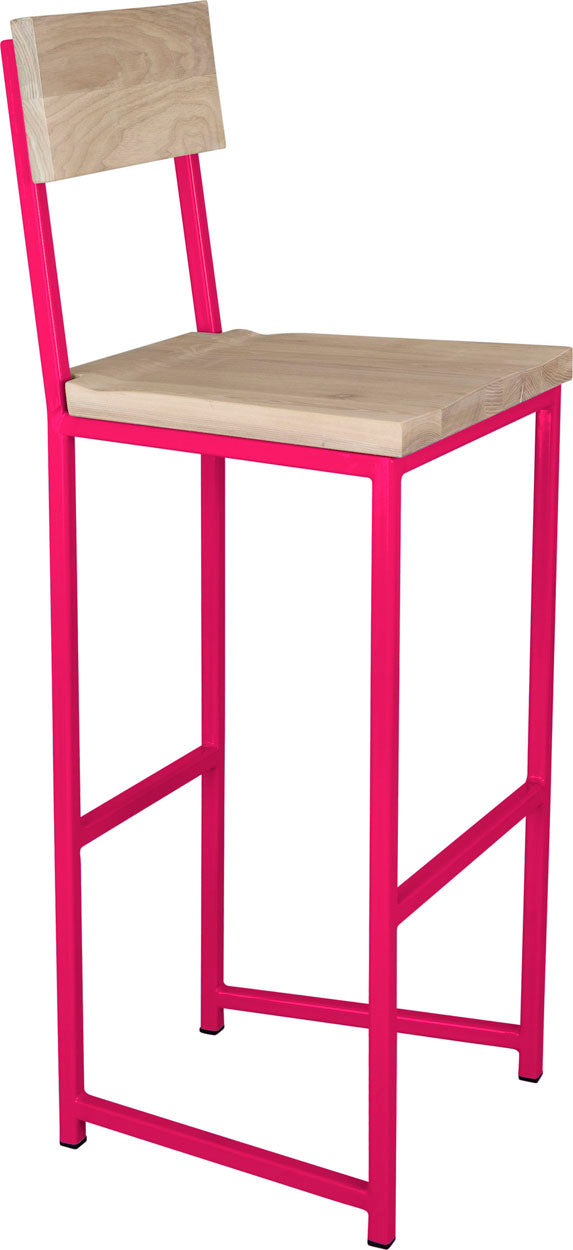 Hot pink metal stool with back with whitewash stain ash wood made in UK - angle view square frame