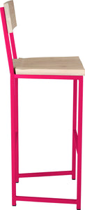 Hot pink metal stool with back with whitewash stain ash wood made in UK - side view square frame