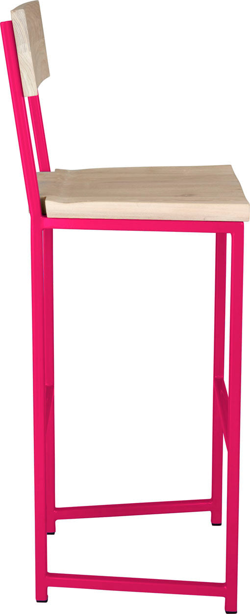 Hot pink metal stool with back with whitewash stain ash wood made in UK - side view square frame