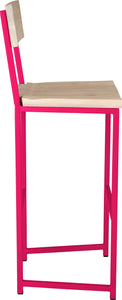 Hot pink metal stool with back with whitewash stain ash wood made in UK - side view square frame