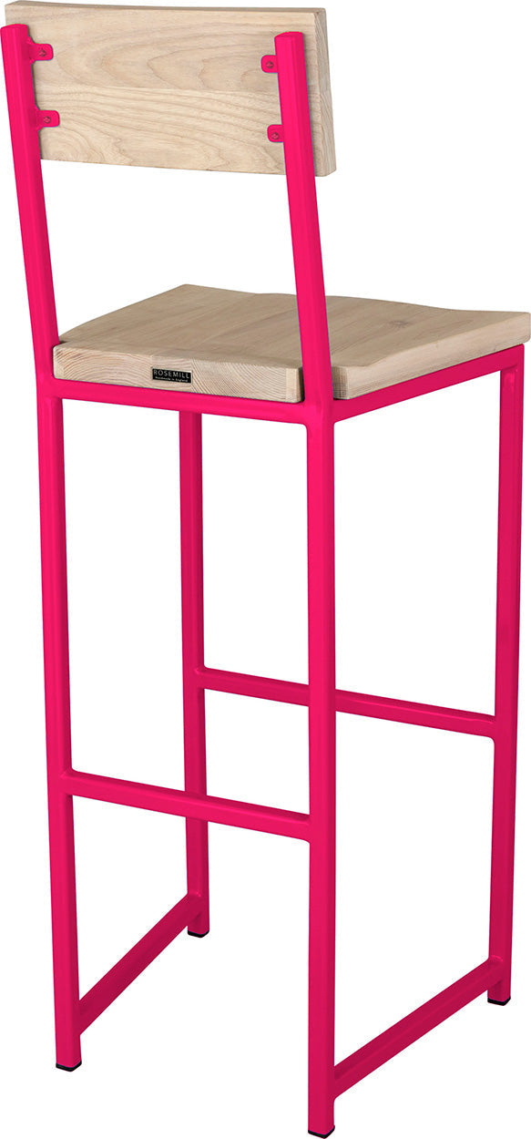 Hot pink metal stool with back with whitewash stain ash wood made in UK - back side view square frame