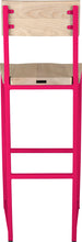 Load image into Gallery viewer, Hot pink metal stool with back with whitewash stain ash wood made in UK - back view square frame
